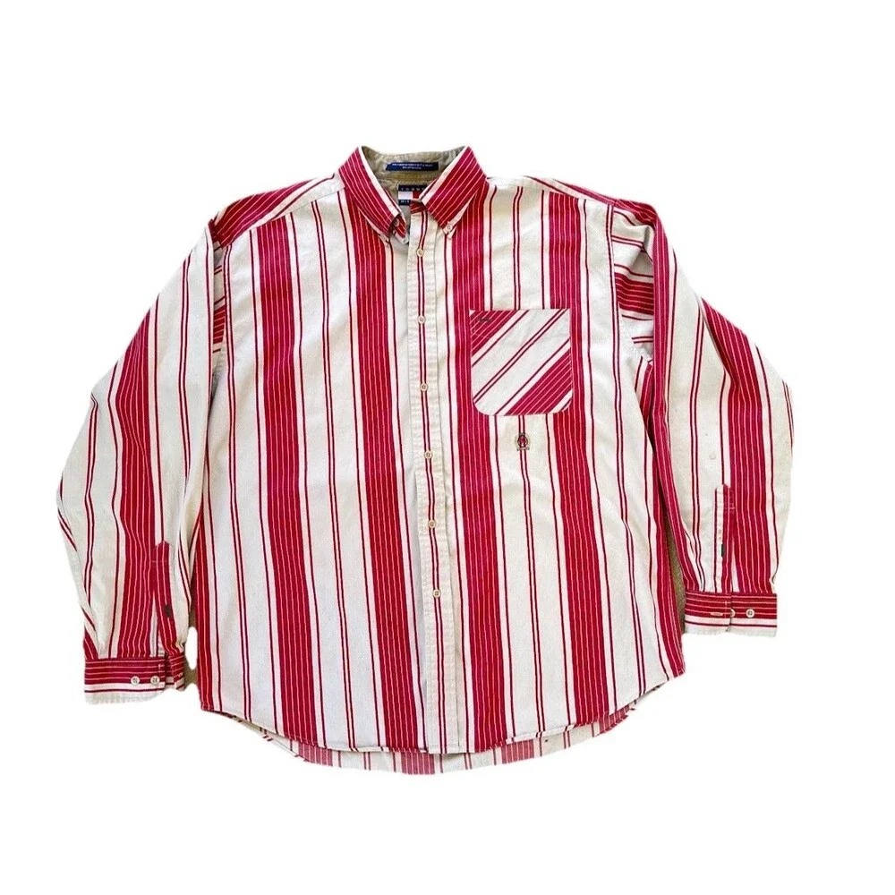 VTG Tommy Hilfiger Button Down Shirt Men's Lg Maroon Red‎ Tan Stripes Crest 90s